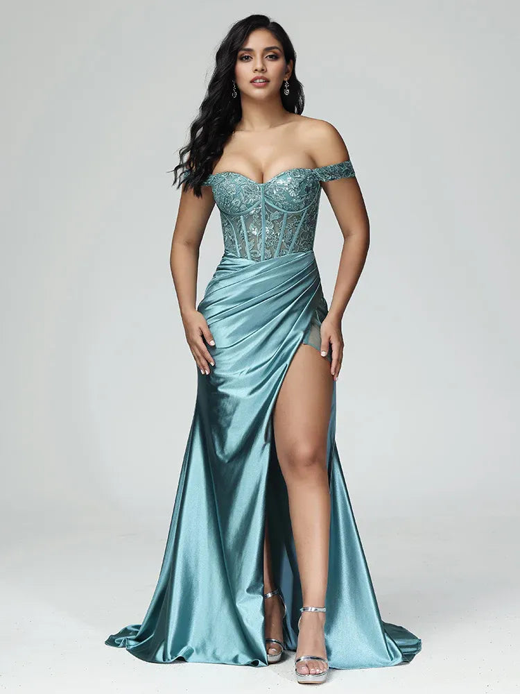 Sexy Mermaid Off The Shoulder Sleeveless Zipper Back Sweep Train Prom Dress